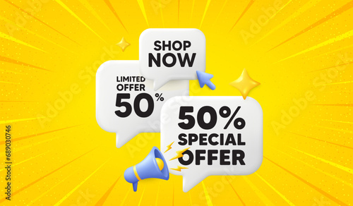 50 percent discount offer tag. 3d offer chat speech bubbles. Sale price promo sign. Special offer symbol. Discount speech bubble 3d message. Talk box megaphone banner. Vector photo