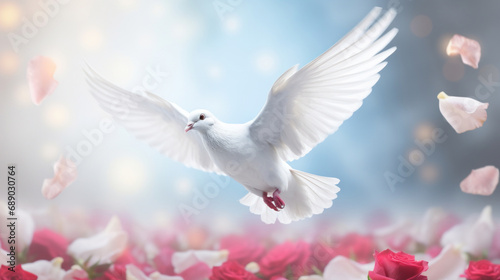 Flying white dove with pink petals.