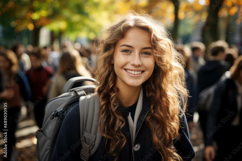 A student girl with a backpack in an autumn park A student girl with a backpack in an autumn park