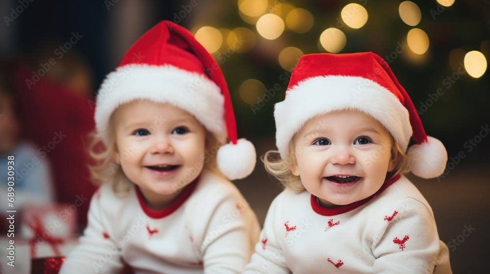 Happy kids in Santa hats in kindergarten Happy kids in Santa hats in kindergarten