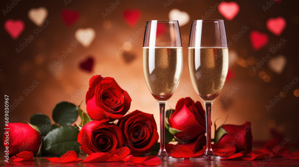 Two champagne glasses and red roses on red hearts background, valentine's day Two champagne glasses and red roses on red hearts background, valentine's day
