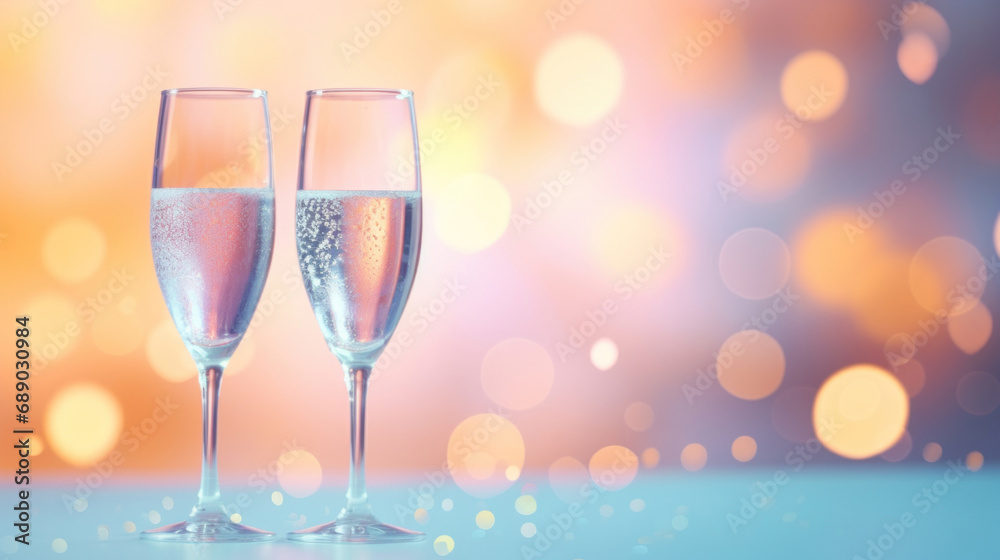 A two glass of sparkling wine on a soft pastel colorful bokeh background A two glass of sparkling wine on a soft pastel colorful bokeh background