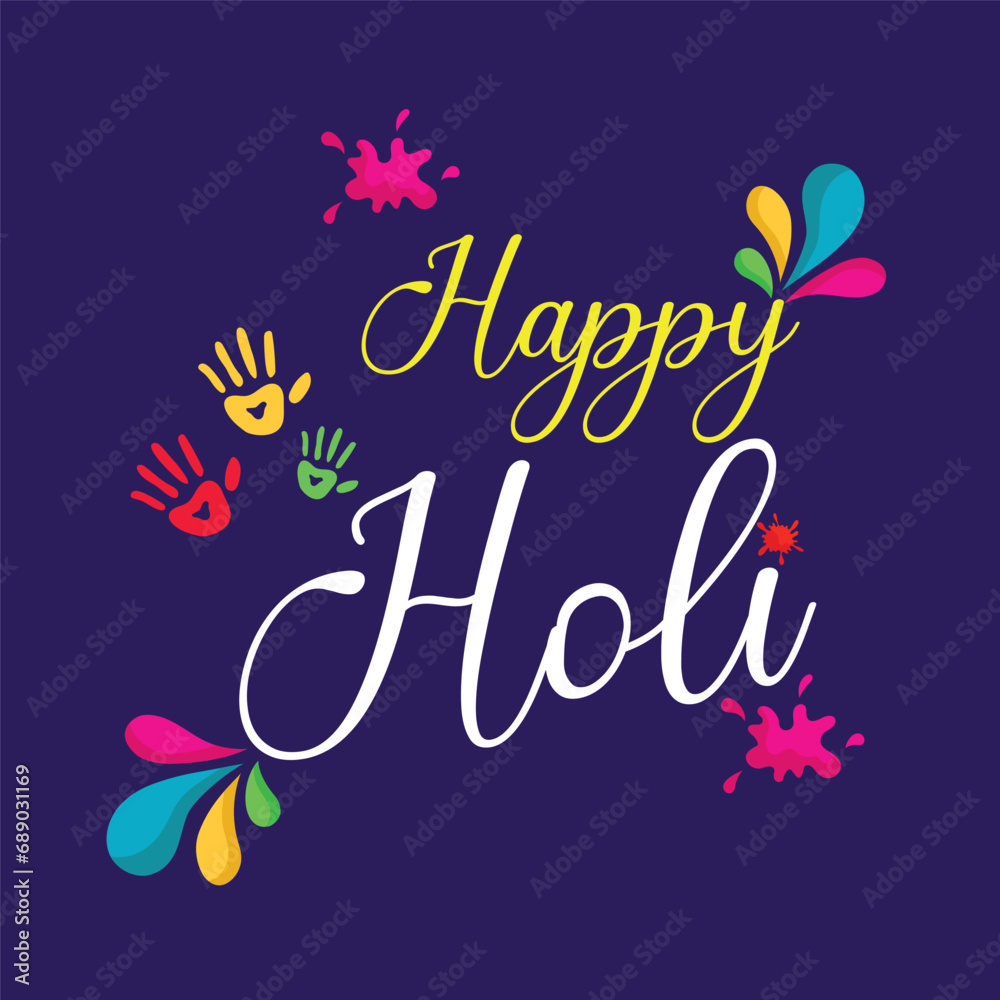 Happy holi festival. Vector Illustration of Holi Festival with colorful calligraphy. Creative banner of Holi Festival celebration.
 Traditional pot and text Happy holi. Holi typography in dark blue ba