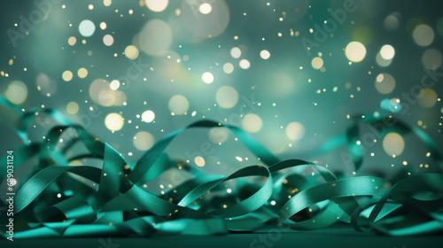 Abstract background with confetti on green ribbons on golden light backdrop