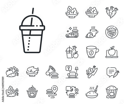 Hot latte, milkshake sign. Crepe, sweet popcorn and salad outline icons. Coffee cocktail line icon. Tea drink mug symbol. Coffee cocktail line sign. Pasta spaghetti, fresh juice icon. Vector