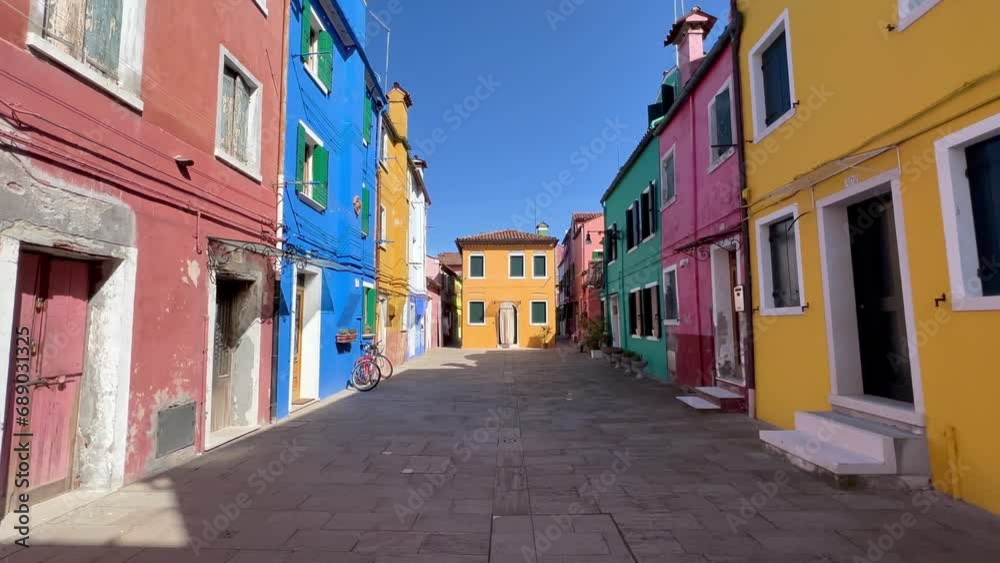 4K Gimbal Shot Revealing the Enchanting Charm of Burano Island, Venice Italy: Narrow and Colorful Streets Lined with Unique Architectural Styles, Capturing the Vibrant Ambience and Atmosphere 4K Gimbal Shot Revealing the Enchanting Charm of Burano Island, Venice Italy: Narrow and Colorful Streets Lined with Unique Architectural Styles, Capturing the Vibrant Ambience and Atmosphere
