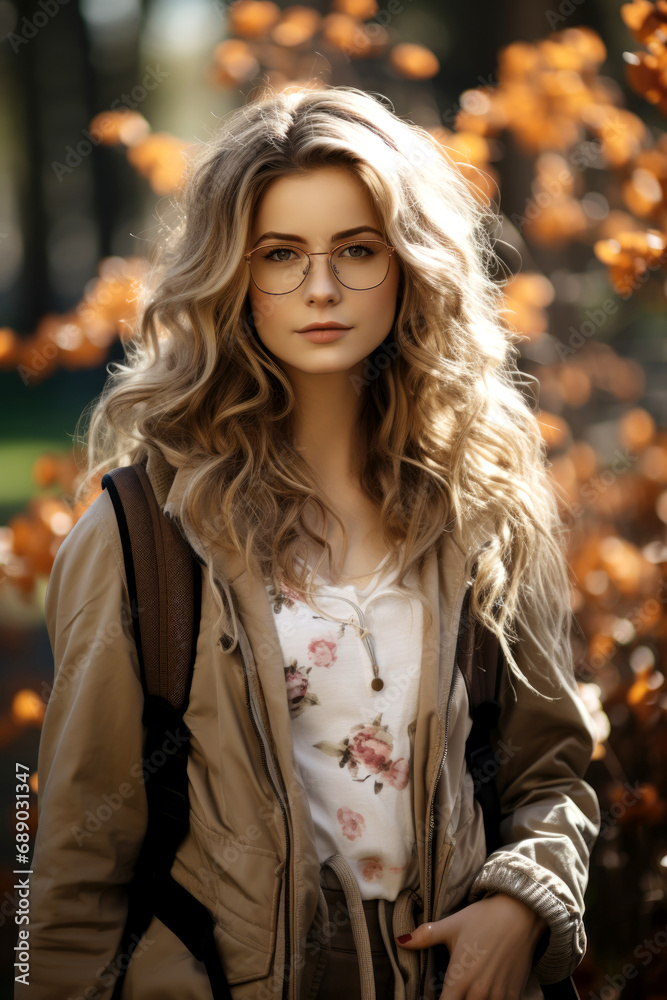 A student girl with a backpack and glasses in a spring park A student girl with a backpack and glasses in a spring park