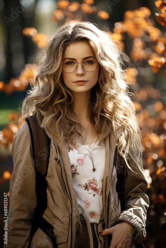 A student girl with a backpack and glasses in a spring park