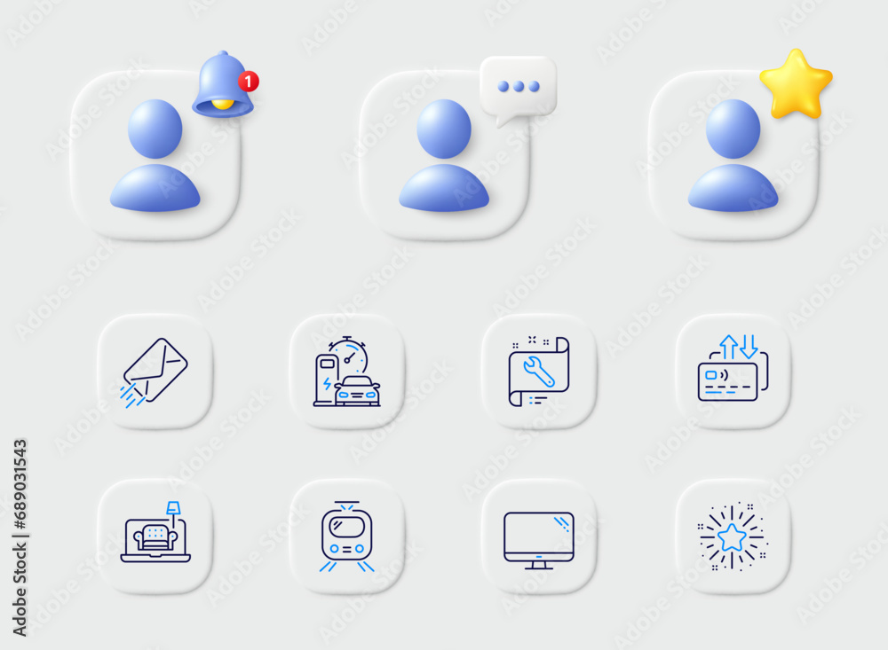 E-mail, Train and Furniture line icons. Placeholder with 3d star, reminder bell, chat. Pack of Spanner, Twinkle star, Card icon. Charging station, Computer pictogram. For web app, printing. Vector E-mail, Train and Furniture line icons. Placeholder with 3d star, reminder bell, chat. Pack of Spanner, Twinkle star, Card icon. Charging station, Computer pictogram. For web app, printing. Vector