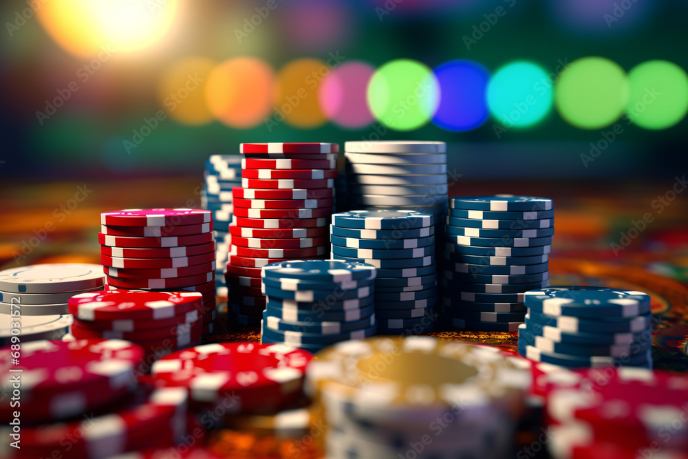 Poker chips stacked on top of each other on a poker table at a casino Poker chips stacked on top of each other on a poker table at a casino