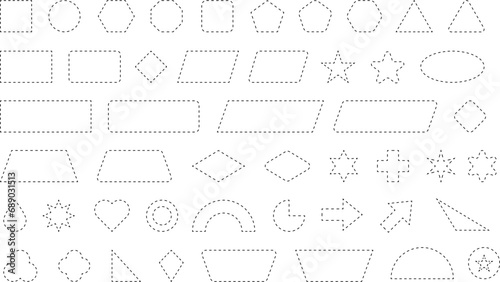 Dash line shapes. Dashed outline design of border for basic geometric shapes. Icon of cut frame. Vector illustration