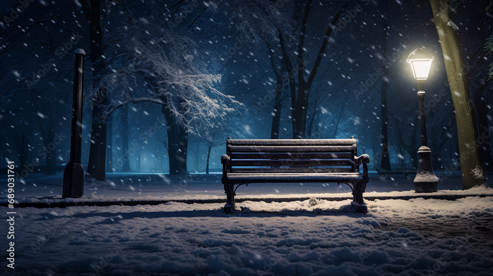 snow covered bench sits in a snowy park with a park light, AI Generative.
