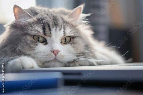 Close up of a cute cat relaxing on the laptop keyboard in a modern office. the animal concept of business and laziness.