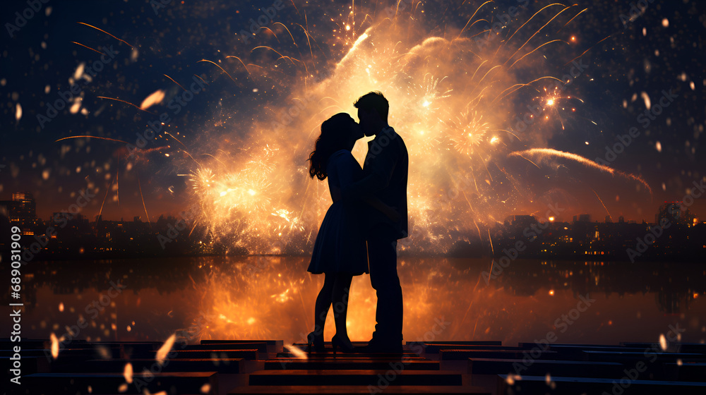 silhouette of a couple in love in front of fireworks silhouette of a couple in love in front of fireworks