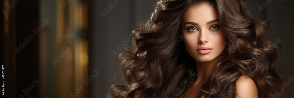 Fototapeta premium A beautiful girl with neutral makeup and gorgeous voluminous curly hair. Design template with an empty space for your text.