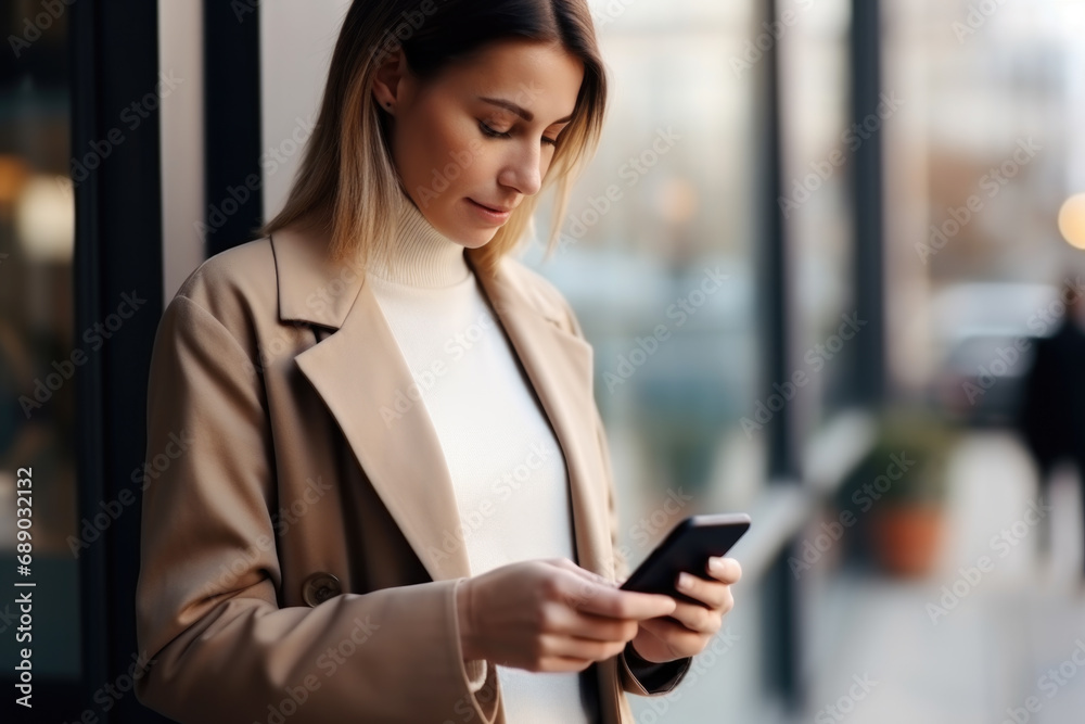Woman focused on smartphone in city. Concept of digital connectivity. Woman focused on smartphone in city. Concept of digital connectivity.