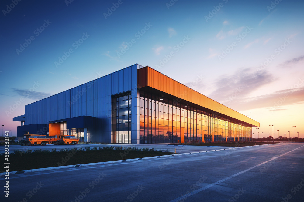 Modern Logistic Warehouse Facility Structure at Sunrise, Infused with a Harmonious Blend of Blue and Orange Hues. Ai generated