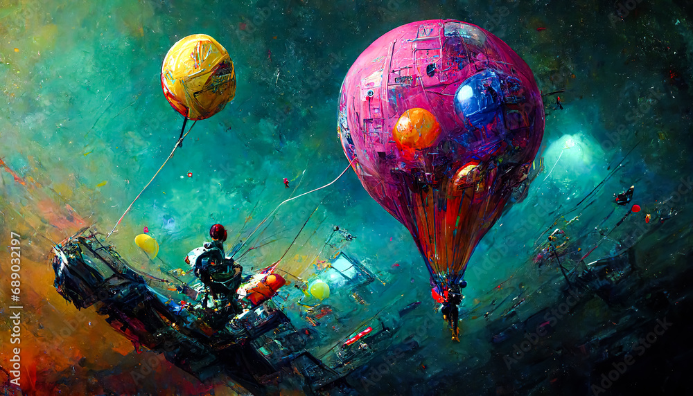 Abstract soft blur painting of balloon and  future life town.digital art style.sci-fi and dreamy moody