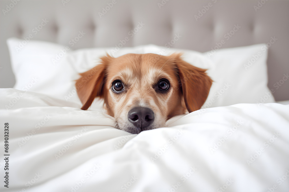 Sad dog on a white bed