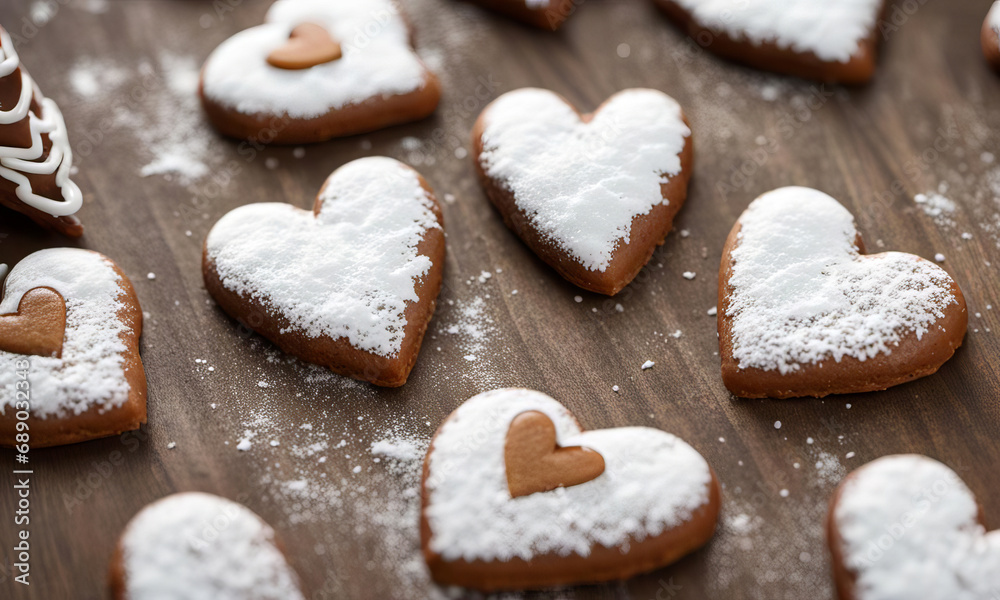 heart shaped lebkuchen cookies on a wooden surface