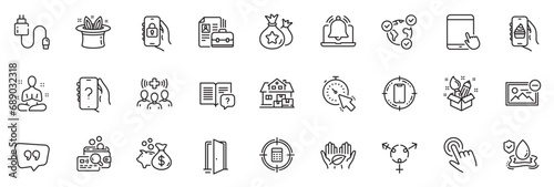 Icons pack as Medical staff, Vacancy and Instruction manual line icons for app include Ask question, Cursor, Smartphone target outline thin icon web set. Calculator target, Locked app. Vector