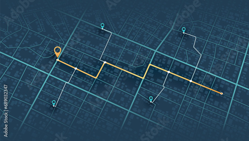 Abstract lines geometric shapes, cartographic texture. Navigation pin. Isometric abstract map background. Transportation and roads. Digital art. Editable vector illustration