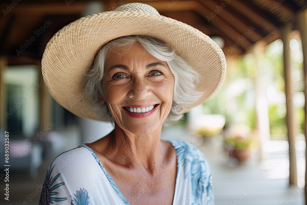 happily retired woman wearing a straw hat at a holiday resort