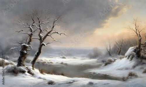 winter landscape scene, old painting style