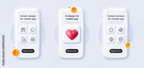 Phone wallet, Talk bubble and Teamwork process line icons pack. 3d phone mockups with heart. Glass smartphone screen. Confirmed, Fire energy, Transform web icon. Vector