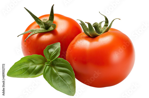 Delicious red tomatoes with basil leaves, cut out