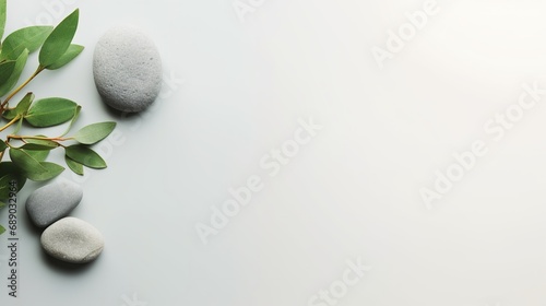 Pebble Rocks and Sage Twig Isolated on Minimalist Background, Copy Space, Presentation Background 