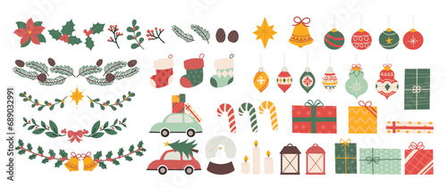 Merry christmas and happy new year element vector. Collection drawing of holly plant, crystal ball, car, sock, gift, christmas bauble ball, lantern. Design suitable for banner, invitation, decoration.