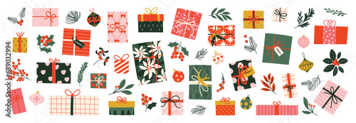 Merry christmas and happy new year element vector. Collection drawing of holly berry plant, flower, gift, christmas bauble ball, pine leaves. Design suitable for banner, invitation, decoration.
