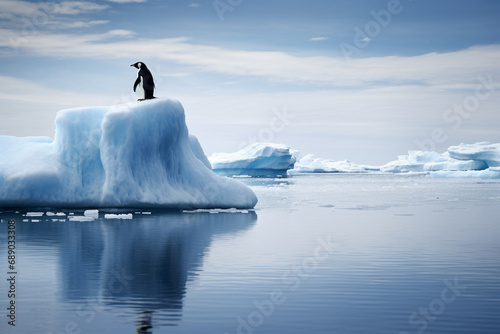 Illustration symbolizing the impact of global warming, featuring a stranded penguin on a melting ice piece. Ai generated photo