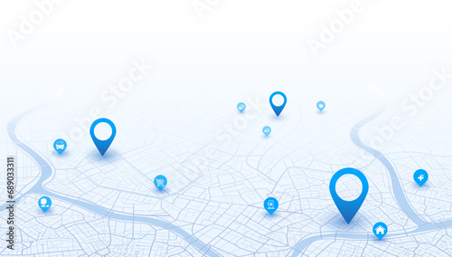 Destinations. Isometric Gps tracking map. Track navigation pin on street maps, navigate mapping locate position pin. Isometric abstract map background. Digital art. Editable vector illustration photo