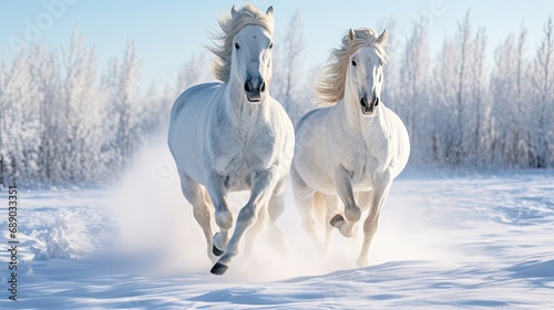 two white horses galloping through the snow in winter