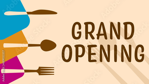 Grand Opening Spoon Fork Knife Colorful Rounded Squares Left Text  photo