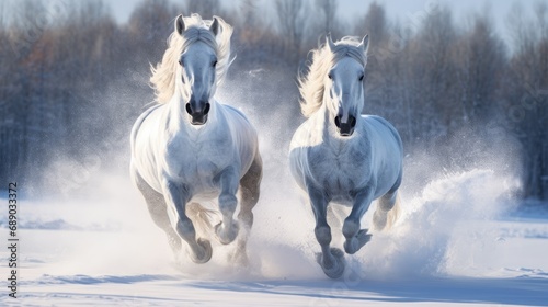 two white horses galloping through the snow in winter photo