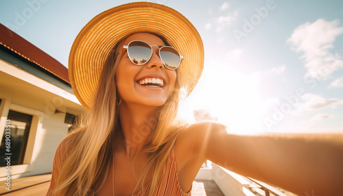 Cute, positive teenager holding a camera,her mobile phone looking straight taking a selfie. Beautiful girl sincerely smiling  summer sunlight sky. Social media,smartphone,tiktok video  photo