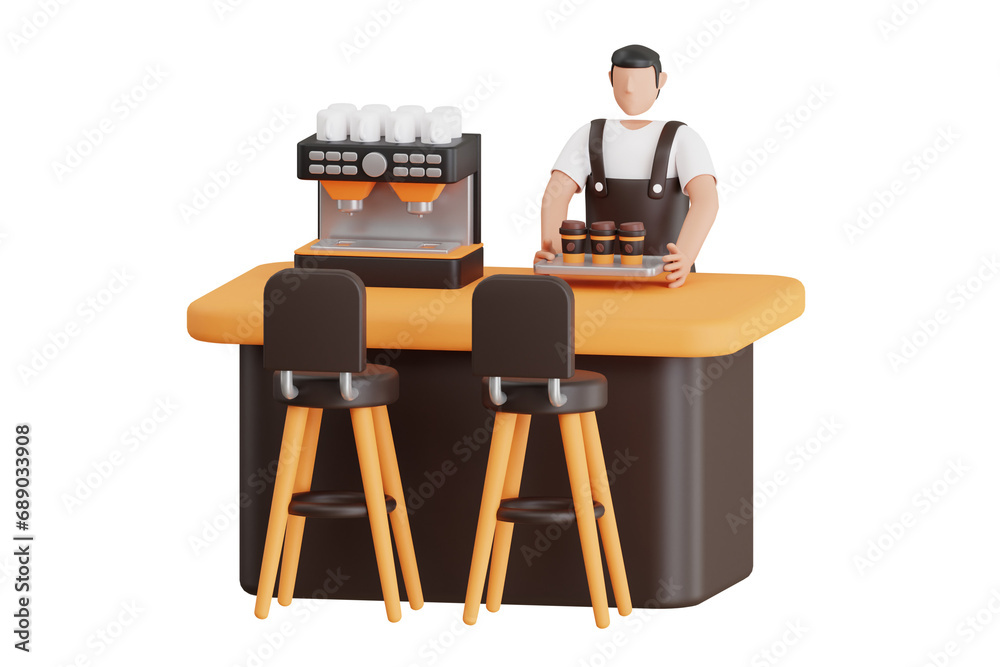 Male waiter carrying tray of coffee 3D Illustration Male waiter carrying tray of coffee 3D Illustration