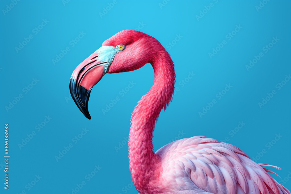 Obraz premium Pink Flamingo's Graceful Detail Against a Tranquil Blue Background. Ai generated