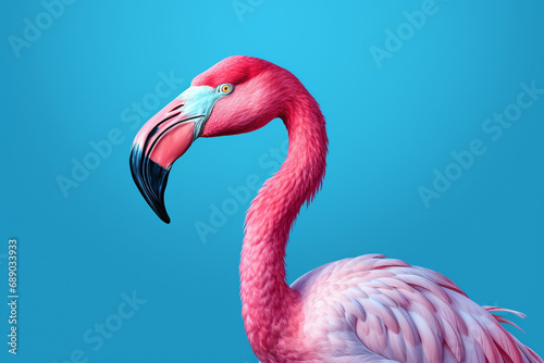 Pink Flamingo's Graceful Detail Against a Tranquil Blue Background. Ai generated © twindesigner