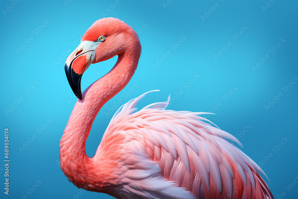 Obraz premium Pink Flamingo's Graceful Detail Against a Tranquil Blue Background. Ai generated