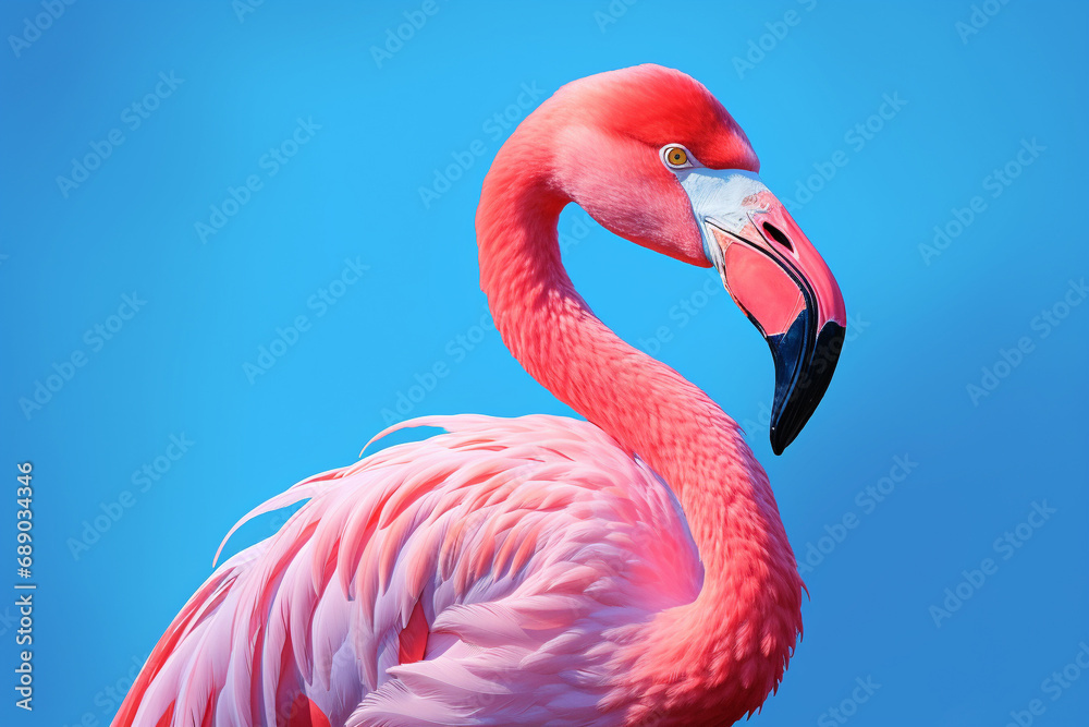 Obraz premium Pink Flamingo's Graceful Detail Against a Tranquil Blue Background. Ai generated