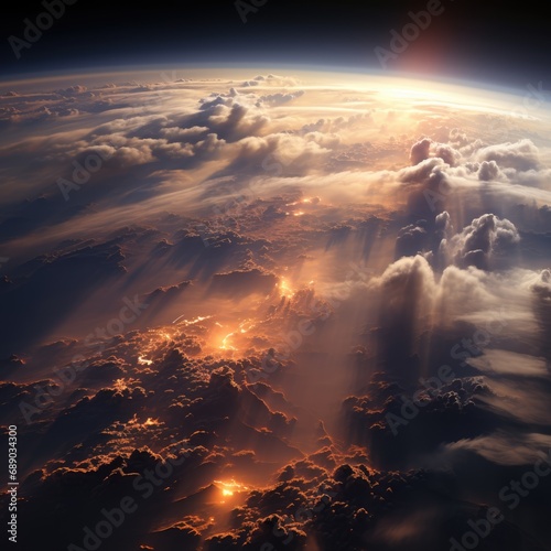 Aerial shot from a spacecraft capturing Earth's grandeur in grayscale and brown hues, featuring misty clouds during a cosmic dawn 