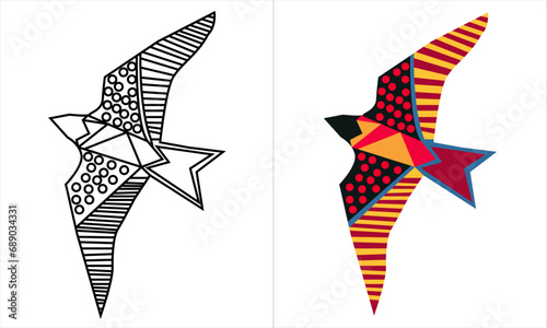 Various birds with different folk ornaments. Paper cut scandinavian style. Flat design. Hand drawn colored
