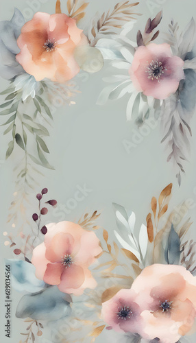 Boho style card. Beautiful watercolours of plants, leaves and flowers for elegant modern greetings cards in muted colours.