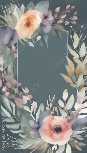 Boho style card. Beautiful watercolours of plants, leaves and flowers for elegant modern greetings cards in muted colours.