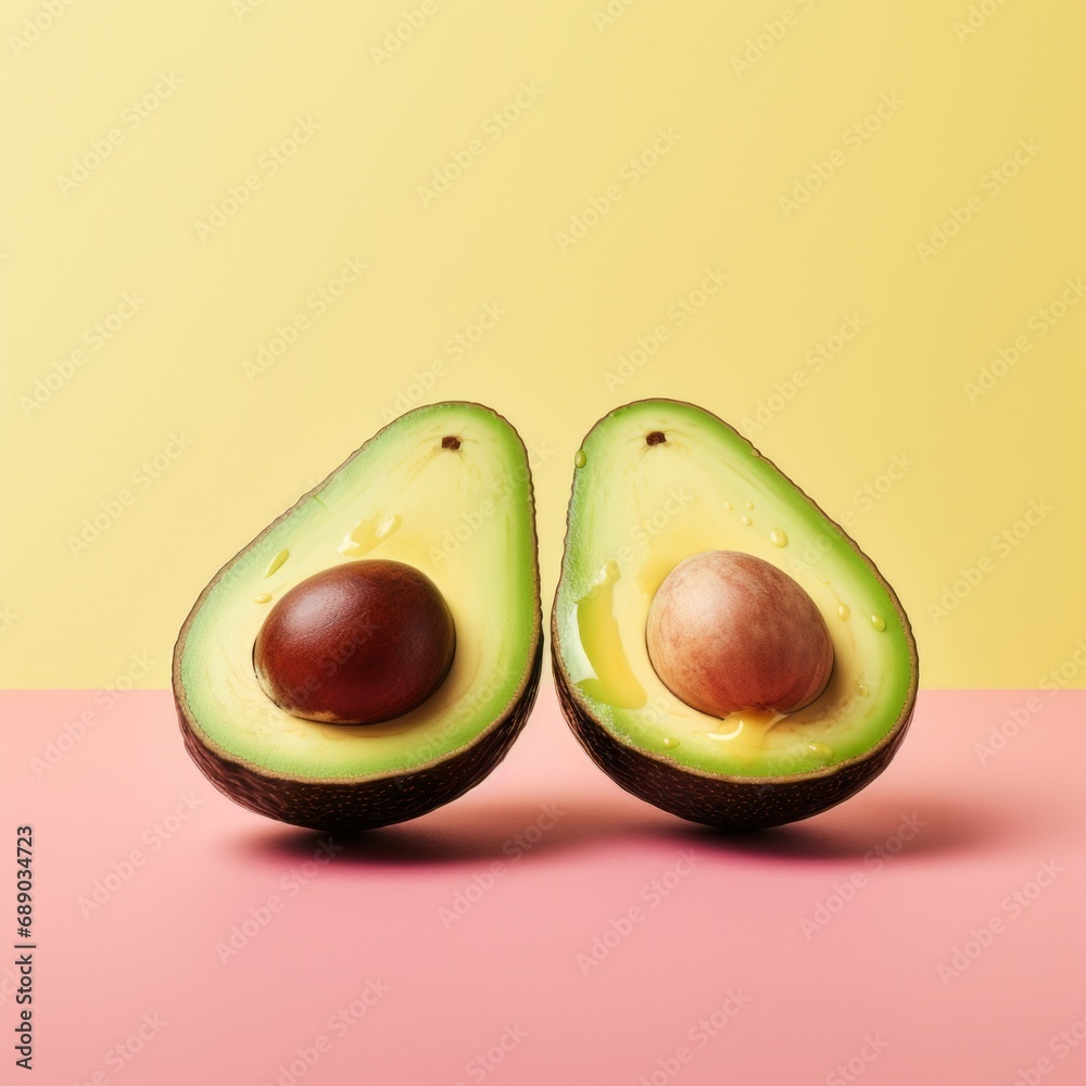 Avocado halves on a pink and yellow background. Minimal concept.