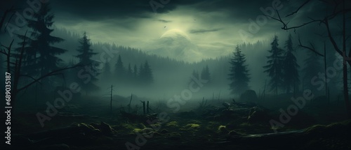 Haunted Forest Style Backgrounds capture the essence of dark, mysterious forest scenes—an artistic portrayal of the haunting allure concealed within the woods. © Spacemid
